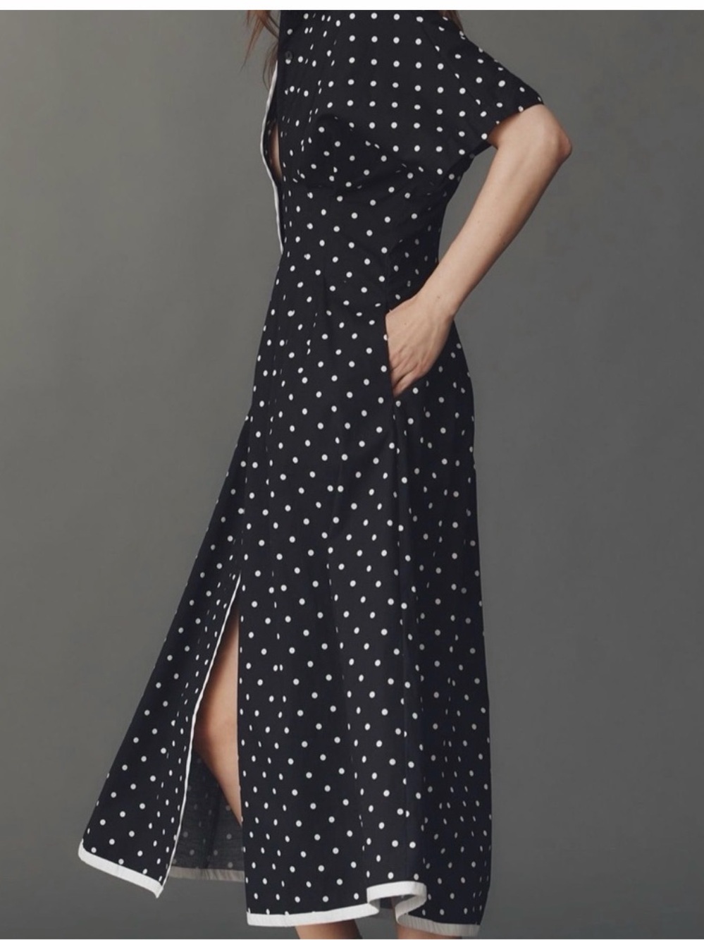 Anthropologie Black Polka Dot Button-Front Midi Dress